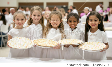 Passover celebration with three smiling children enjoying matzah 123951794