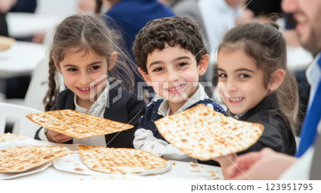 Passover celebration with three smiling children enjoying matzah 123951795