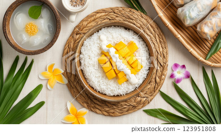 Colorful Thai cuisine including mango sticky rice, spring rolls, and curry, Songkran food background 123951808