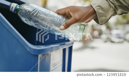 Hand putting Recycling plastic bottle in blue bin, eco-friendly concept, outdoors, Hand putting Recycling plastic bottle in blue bin, eco-friendly concept, outdoors, 123951810