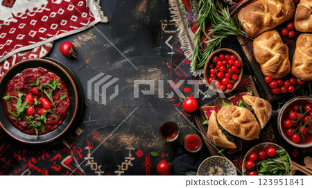independence Day of Georgia, dishes of Georgian national cuisine, set of traditional pastries, dark background, horizontal banner, copy space, free space for text 123951841