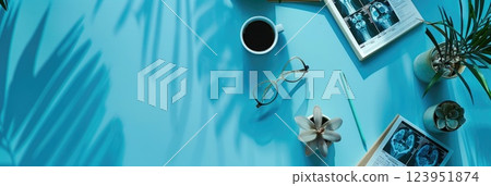 horizontal banner for a medical clinic, doctor's workplace, top view, blue background, copy space, free space for text horizontal banner for a medical clinic, doctor's workplace, top view, blue background, copy space, free space for text 123951874