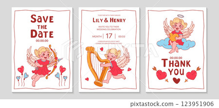 Trendy Wedding romantic invitation. Hand drawn doodle cupid with bow and arrow Background. Wedding template. Wedding posters template. including cherub, hearts, angel, cloud. Vector flat illustration. Trendy Wedding romantic invitation. Hand drawn doodle cupid with bow and arrow Background. Wedding template. Wedding posters template. including cherub, hearts, angel, cloud. Vector flat illustration. 123951906