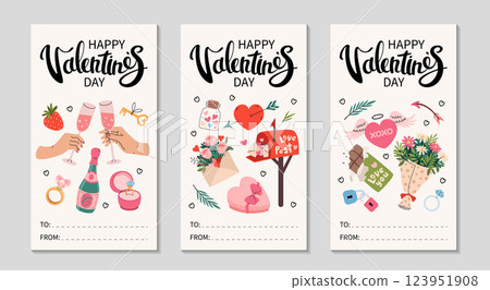 Happy Valentines Day cards set. Vertical greeting flyers with romantic elements. Red envelope, champagne, glasses, heart with wings, flowers. Hand drawn lettering. Place for text. Vector illustration. Happy Valentines Day cards set. Vertical greeting flyers with romantic elements. Red envelope, champagne, glasses, heart with wings, flowers. Hand drawn lettering. Place for text. Vector illustration. 123951908