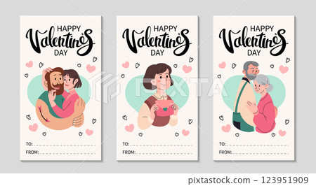 Happy Valentines Day cards set. Loving Couple hugging. Couple of elderly people. Girl with red envelope. Vertical greeting cards template. Hand drawn lettering. Place for text. Vector illustration. 123951909