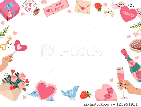Happy Valentine's Day frame with romantic elements. Heart with wings, envelope flowers, champagne, chocolate, gift and valentine heart. Horizontal invitation background A4 format. Vector illustration. Happy Valentine's Day frame with romantic elements. Heart with wings, envelope flowers, champagne, chocolate, gift and valentine heart. Horizontal invitation background A4 format. Vector illustration. 123951911