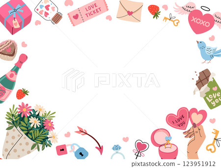 Happy Valentines Day frame with romantic elements. Horizontal invitation background A4 format. Heart with wings, bouquet flowers, champagne, chocolate, gift and valentine heart. Vector illustration. Happy Valentines Day frame with romantic elements. Horizontal invitation background A4 format. Heart with wings, bouquet flowers, champagne, chocolate, gift and valentine heart. Vector illustration. 123951912