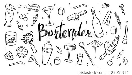Bartender equipment for making cocktail outline set. Bar tools Hand illustration. Bar accessories. Stirring spoon, muddler, pitcher, jigger, shaker, glass, beer, peel. Sketch style, crooked doodle. 123951915