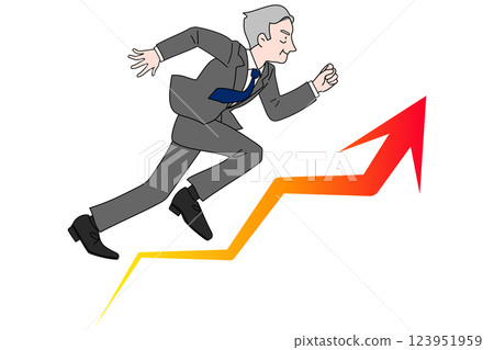 An arrow pointing upwards in business performance and a businessman running briskly, middle-aged, senior, boss, president An arrow pointing upwards in business performance and a businessman running briskly, middle-aged, senior, boss, president 123951959