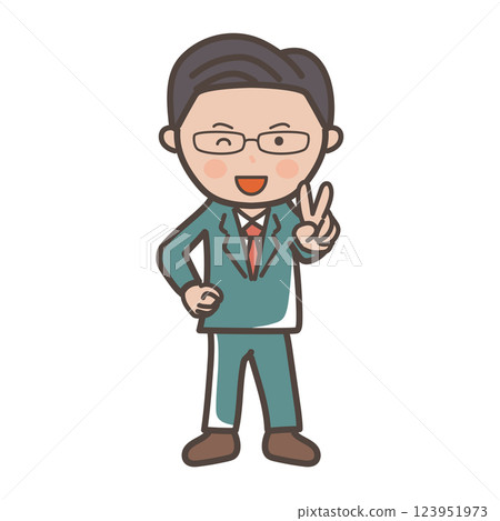 全身插畫:一位中層菁英風格的男性商人微笑著做出和平手勢 全身插畫:一位中層菁英風格的男性商人微笑著做出和平手勢 123951973