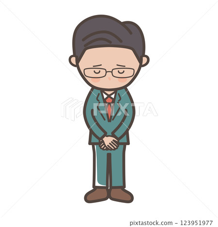 Full-body illustration of a middle-ranking elite-style male businessman bowing his head and apologizing 123951977
