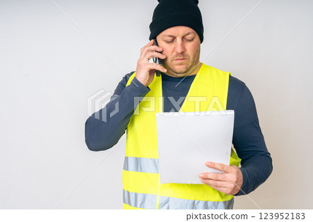 a man in a yellow work vest, yellow safety helmet with papers and a cell phone in his hands. High quality photo a man in a yellow work vest, yellow safety helmet with papers and a cell phone in his hands. High quality photo 123952183