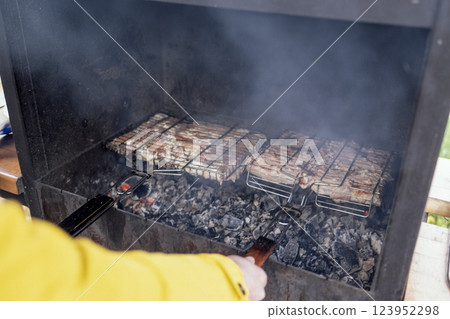 Close-up of a male hands cooking meat on grilles. Cooking juicy tasty roasted pieces of meat on coals. Delicious fresh steak on the fire on a metal grids on the outdoors. Close-up of a male hands cooking meat on grilles. Cooking juicy tasty roasted pieces of meat on coals. Delicious fresh steak on the fire on a metal grids on the outdoors. 123952298