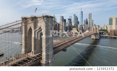View of New York City Brooklyn Bridge and Skyline 123952372