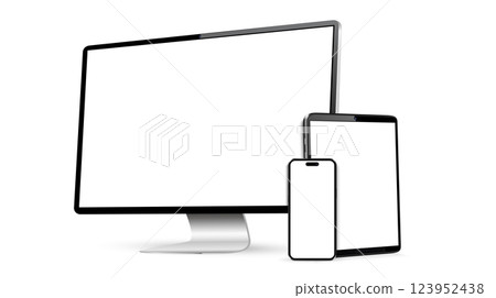 Modern laptop mockup front view with smartphone and tablet mockup isolated on white background 123952438