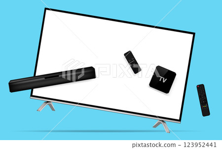 Smart tv with blank white screen and home theater accessories levitation in the air on a blue background 123952441
