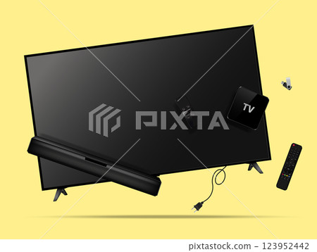 Smart tv, remote control, soundbar, tv set-top box and flash drive levitation in the air Smart tv, remote control, soundbar, tv set-top box and flash drive levitation in the air 123952442