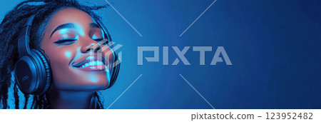 A cheerful girl with headphones, grinning against a dark blue backdrop, showcasing the connection between music and emotion in a clean and minimalist portrait style, banner 123952482