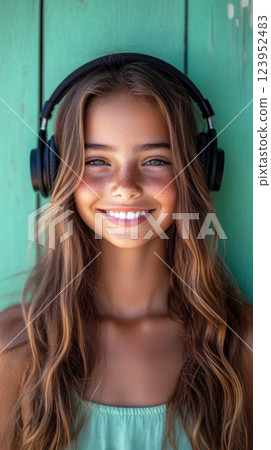 A close-up of a smiling girl wearing headphones, with a refreshing mint backdrop, capturing the essence of happiness and music appreciation in a vibrant and youthful style 123952483