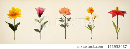 An artistic representation of six wildflowers, Goldenrod, Indian Paintbrush, Blazing Star, Trillium, Jack-in-the-Pulpit, and Queen Anne Lace in a botanical herbarium style, floral poster An artistic representation of six wildflowers, Goldenrod, Indian Paintbrush, Blazing Star, Trillium, Jack-in-the-Pulpit, and Queen Anne Lace in a botanical herbarium style, floral poster 123952487