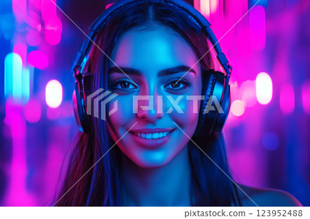 A futuristic high-tech portrait of a smiling Arabian girl wearing headphones, illuminated by a vibrant neon background, exuding confidence, energy, passion for music or studies 123952488