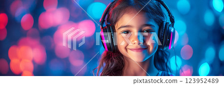 Youthful Indian girl wearing headphones, smiling against vibrant neon background, perfect for tech and study concepts 123952489