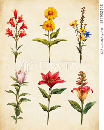 A botanical herbarium style illustration featuring six wildflowers Queen Anne Lace, Goldenrod, Indian Paintbrush, Trillium, Blazing Star, and Jack-in-the-Pulpit isolated on an old paper background 123952498