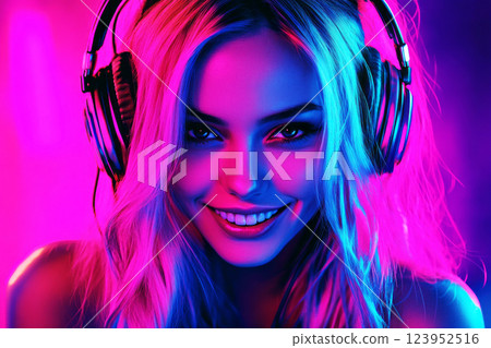 A smiling girl with blonde hair, wearing headphones in a futuristic, high-tech style, set against a glowing neon background, blending modern vibes with a touch of excitement 123952516