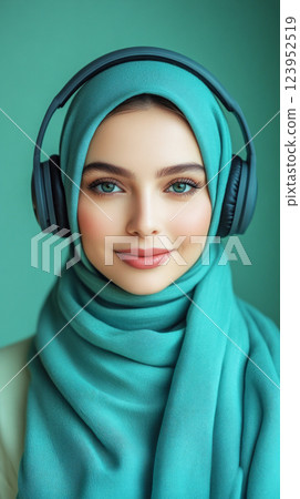 A stylish and refined portrait of an Arabian girl with headphones, captured in a simple yet modern aesthetic, featuring a fresh mint background that enhances clarity, passion for music or studies 123952519