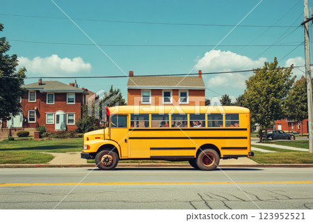A yellow school bus drives down a suburban street, its bright color and iconic stop sign visible. Children wait eagerly at the bus stop under a clear, sunny sky, creating a nostalgic scene 123952521