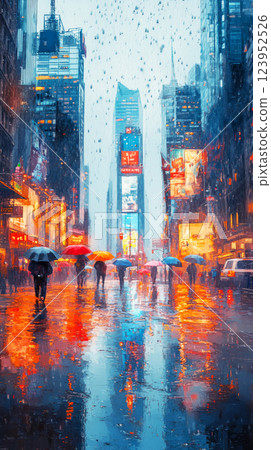 On a misty, rainy day, pedestrians walk under umbrellas across wet streets, their soft, colorful reflections blending in the puddles, evoking a serene and tranquil city atmosphere 123952526