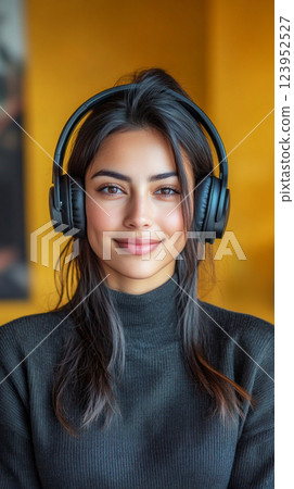 Portrait of an Indian girl with headphones, set against a yellow backdrop, symbolizing passion for studying online or enjoying music, ideal for lifestyle content 123952527