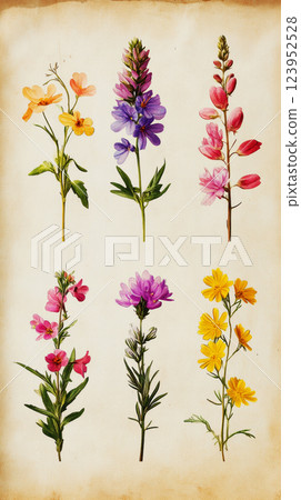 A minimalist botanical illustration of six wildflowers Common Heather, Cowslip, Oxeye Daisy, Wild Thyme, Fireweed, and Lupine set against a vintage old paper background, soft pastel hues for a clean 123952528