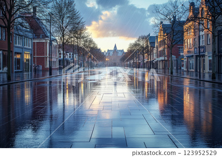 A quiet early morning on a wet city street, with droplets splashing from rooftops and the pavement shiny with water, soft light breaking through clouds creating a serene and reflective scene 123952529
