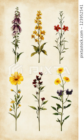 A vintage style botanical illustration depicting six wildflowers Foxglove, Chicory, Columbine, Yarrow, Primrose, and Black-eyed Susan set against an old paper with soft pastel tones and clean 123952541