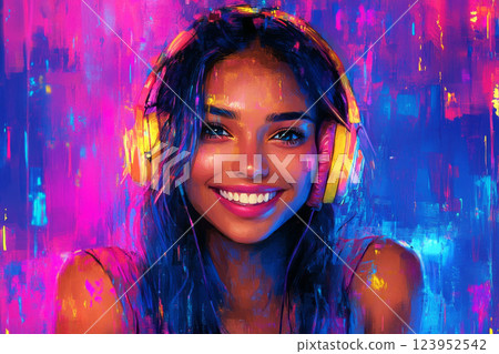 Smiling Indian girl with headphones, futuristic high-tech style, neon background, perfect for music or online study mock-ups 123952542
