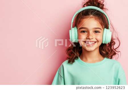 Portrait of a joyful Latin girl with headphones, soft pink backdrop, symbolizing passion for studying online or enjoying music, ideal for lifestyle and music visuals Portrait of a joyful Latin girl with headphones, soft pink backdrop, symbolizing passion for studying online or enjoying music, ideal for lifestyle and music visuals 123952623