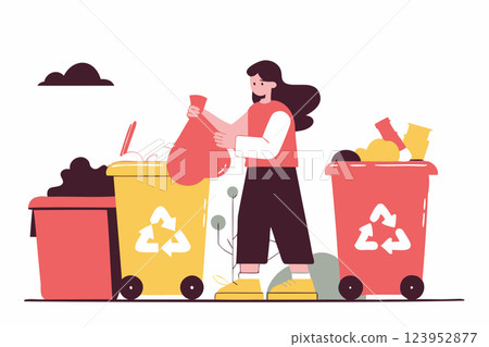 Woman sorting garbage, vector illustration, eco-friendly lifestyle, waste management, recycling concept, environmental care 123952877