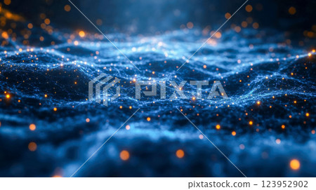 A glowing blue digital landscape with a network of interconnected data points resembling an abstract wave pattern in a futuristic setting 123952902