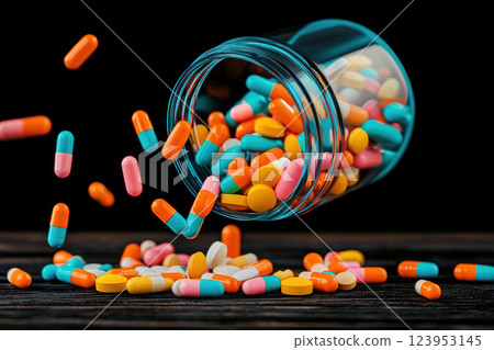 Colorful pills spill from a glass jar against a dark background, showcasing health products. 123953145