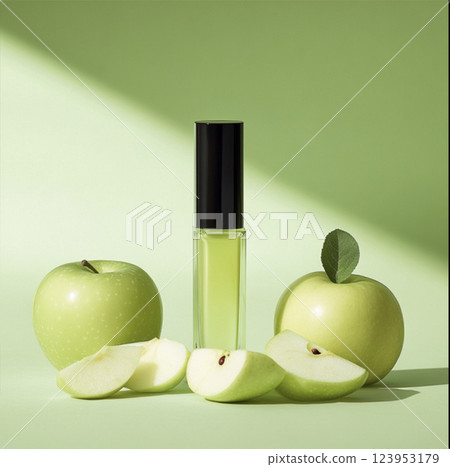 Green apple-inspired perfume with fresh apples on a green background. Fragrance and nature concept 123953179