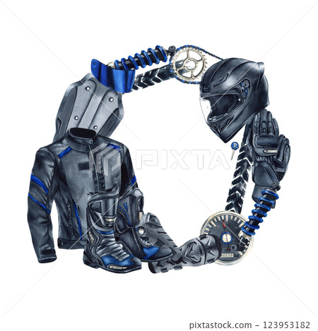 Frame with Moto gear, equipment, accessories. Helmet, protective glove and boot, kneepad, jacket. Chain, shock absorber and speedometer. Isolated watercolor illustration. Motorcyclist clothes Frame with Moto gear, equipment, accessories. Helmet, protective glove and boot, kneepad, jacket. Chain, shock absorber and speedometer. Isolated watercolor illustration. Motorcyclist clothes 123953182