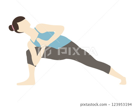 Woman with bun doing yoga player's twist pose 123953194