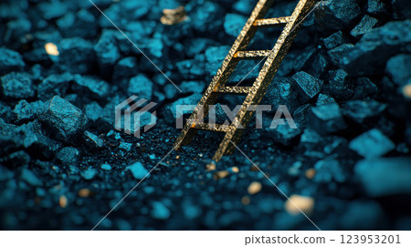 A golden ladder placed against a backdrop of dark, textured rocks for artistic contrast. A golden ladder placed against a backdrop of dark, textured rocks for artistic contrast. 123953201