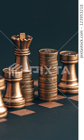Chess pieces and coins symbolize strategy and financial success in business. 123953218