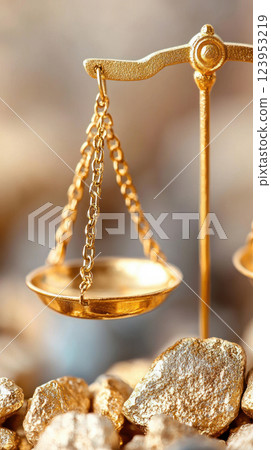 Close-up of a golden balance scale symbolizing justice and fairness. 123953219