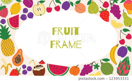 Bright summer border with fruits and berries. Summer juicy frame with watermelon and pineapple, strawberry and more. Bright summer border with fruits and berries. Summer juicy frame with watermelon and pineapple, strawberry and more. 123953331