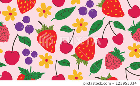Fruits seamless pattern with different summer fruits, strawberry, raspberry, blueberry, cherries Fruits seamless pattern with different summer fruits, strawberry, raspberry, blueberry, cherries 123953334