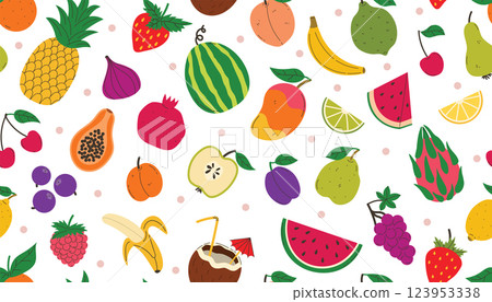 Fruits seamless pattern with different summer fruits and berries. Watermelon and pineapple Fruits seamless pattern with different summer fruits and berries. Watermelon and pineapple 123953338