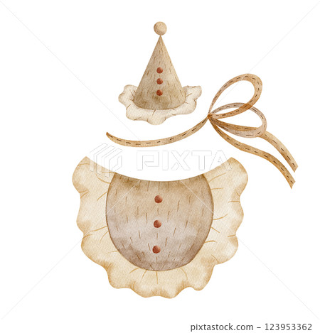 Vintage clothes party hat, collar, bow. Outfit for doll, teddy bear, toys. Watercolor hand drawn illustration on isolated white background for kids dress up game, party greeting card design kids Vintage clothes party hat, collar, bow. Outfit for doll, teddy bear, toys. Watercolor hand drawn illustration on isolated white background for kids dress up game, party greeting card design kids 123953362